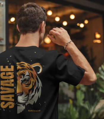 black oversized t-shirt, savage tiger t-shirt, tiger graphic tee, streetwear t-shirt, slackroid clothing, slackroid t-shirt design, sastasauk garments, sastasauk t-shirts, urban fashion tee, unisex graphic t-shirt, men's streetwear fashion, women's oversized tee, bold tiger print t-shirt, casual wear t-shirt, premium cotton t-shirt, stylish black tee, trendy graphic tee, street style outfit, aesthetic streetwear, slackroid apparel, sastasauk fashion brand